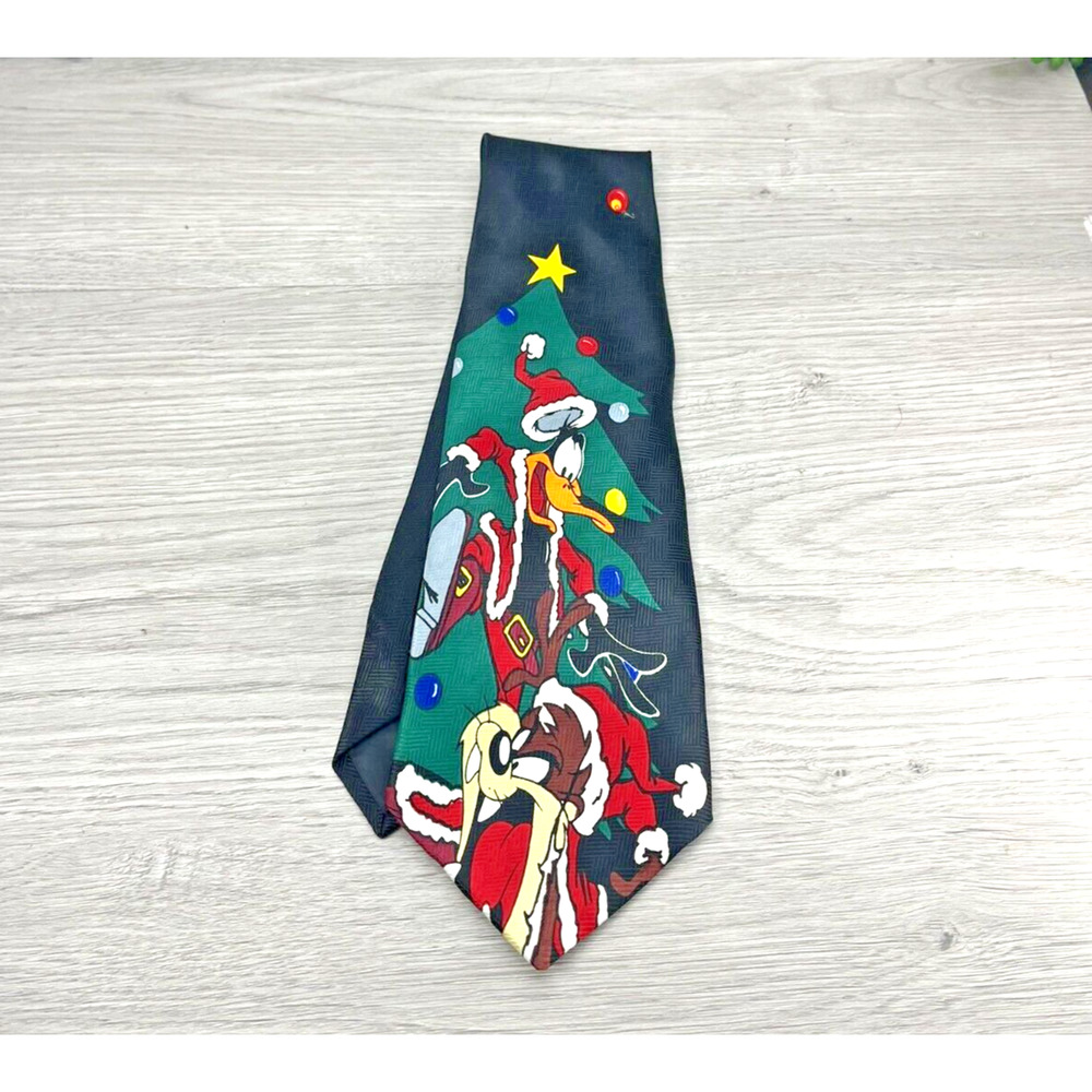 Mens Looney Toons 1997 Black Christmas Tie with Tasmanian Devil Taz & Daffy Duck